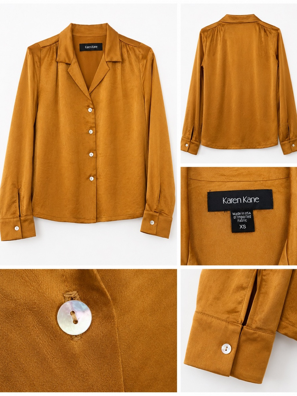 Vintage Karen Kane Golden Mustard Button-Front Satin Blouse